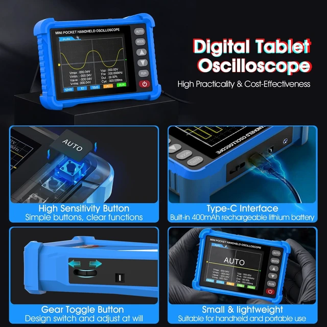 Alt view image 5 of 7 - Handheld Oscilloscope 2.8" TFT 250KHz Bandwidth, 2.5MS/s | Digital Tablet Oscilloscope with High Sampling Rate, Auto Trigger, Portable Mini Oscilloscope Kit for Home/Electrician/DIYer