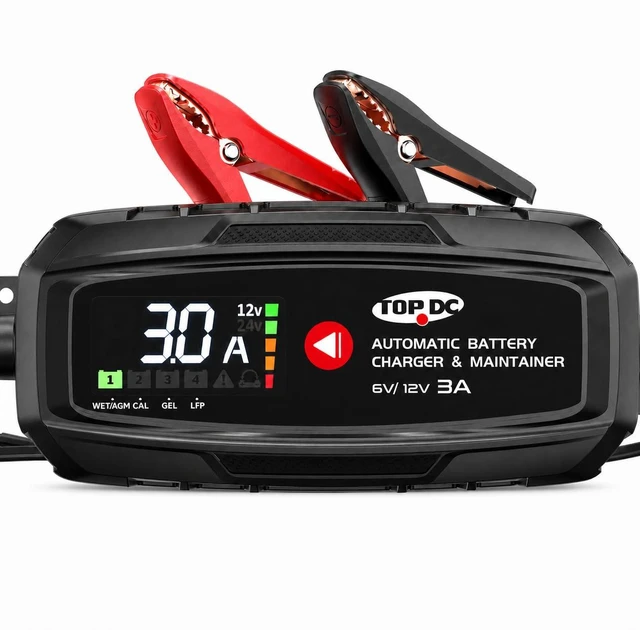 Main image of 3A 6V/12V Smart Battery Charger & Maintainer with Digital Display | 9-stage smart charging, low-voltage activation, repair and maintenance for AGM, lead-acid and LiFePO4 batteries.