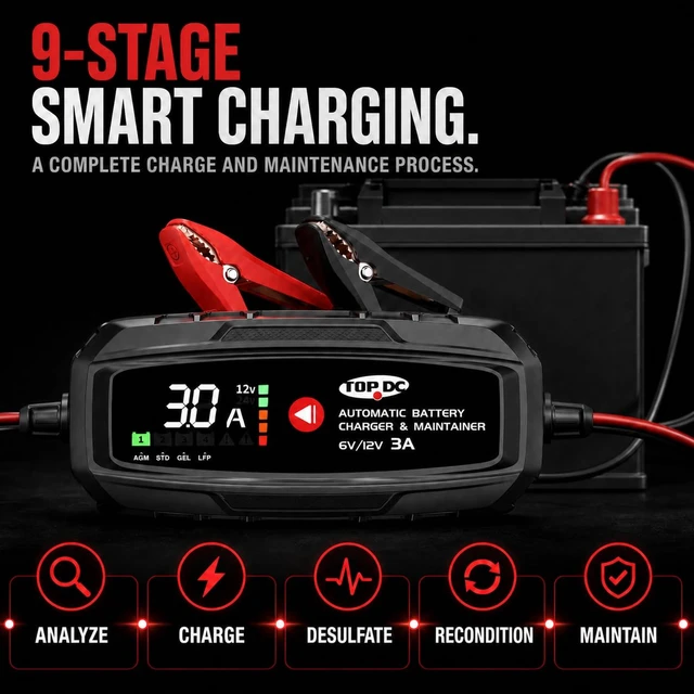 Alt view image 2 of 7 - 3A 6V/12V Smart Battery Charger & Maintainer with Digital Display | 9-stage smart charging, low-voltage activation, repair and maintenance for AGM, lead-acid and LiFePO4 batteries.