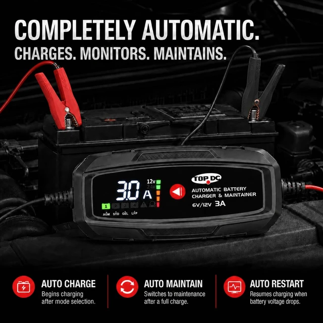 Alt view image 3 of 7 - 3A 6V/12V Smart Battery Charger & Maintainer with Digital Display | 9-stage smart charging, low-voltage activation, repair and maintenance for AGM, lead-acid and LiFePO4 batteries.