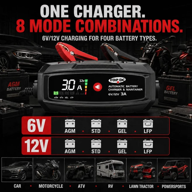 Alt view image 4 of 7 - 3A 6V/12V Smart Battery Charger & Maintainer with Digital Display | 9-stage smart charging, low-voltage activation, repair and maintenance for AGM, lead-acid and LiFePO4 batteries.