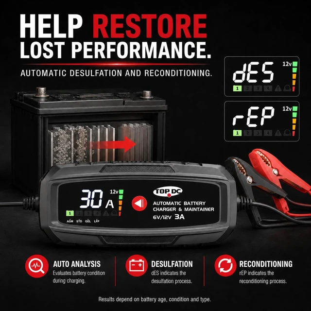 Alt view image 5 of 7 - 3A 6V/12V Smart Battery Charger & Maintainer with Digital Display | 9-stage smart charging, low-voltage activation, repair and maintenance for AGM, lead-acid and LiFePO4 batteries.