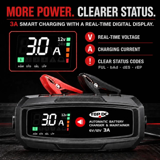 Alt view image 6 of 7 - 3A 6V/12V Smart Battery Charger & Maintainer with Digital Display | 9-stage smart charging, low-voltage activation, repair and maintenance for AGM, lead-acid and LiFePO4 batteries.