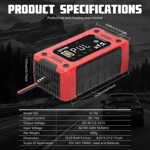 Alt view image 5 of 6 - Battery Charger 15-Amp 12V Automatic Smart Battery Trickle Charger, Battery Maintainer Desulfator with Temperature Compensation for Car Truck Motorcycle Lawn Mower Marine
