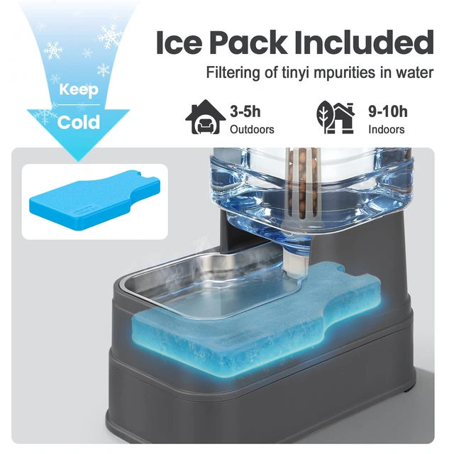 Alt view image 7 of 7 - Automatic Dog Water Dispenser Gravity Stainless Steel Water Feeder Cat Waterer Feeder with Wide Mouth Bowl for Small Medium Dog Puppy Kitten (Filter &Ice Pack Included) 2.2Gallon Gray