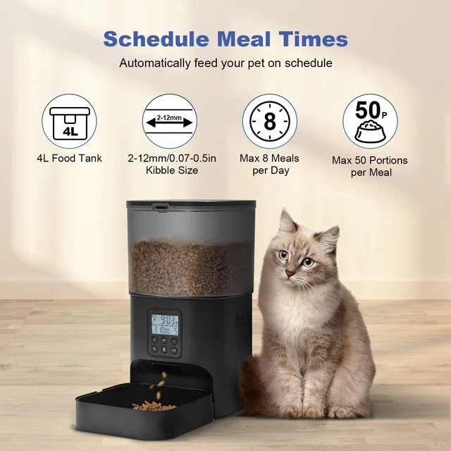 Alt view image 2 of 7 - Automatic Cat Feeder, 4L Cat Food Dispenser with 10s Voice Recorder, Pet Feeder up to 8 Meals per Day, Timed Dog Feeder with Dry Food Sealed Ring