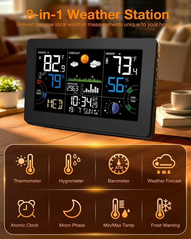 Alt view image 2 of 7 - Weather Station Wireless Temperature Humidity Monitor Indoor Outdoor | 7.5VA Large Display Digital Atomic Clock Thermometer Hygrometer Barometer with Alarm Clock,Custom Temp&Humidity Alarm,Black