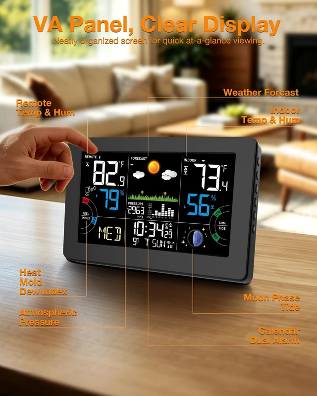 Alt view image 3 of 7 - Weather Station Wireless Temperature Humidity Monitor Indoor Outdoor | 7.5VA Large Display Digital Atomic Clock Thermometer Hygrometer Barometer with Alarm Clock,Custom Temp&Humidity Alarm,Black