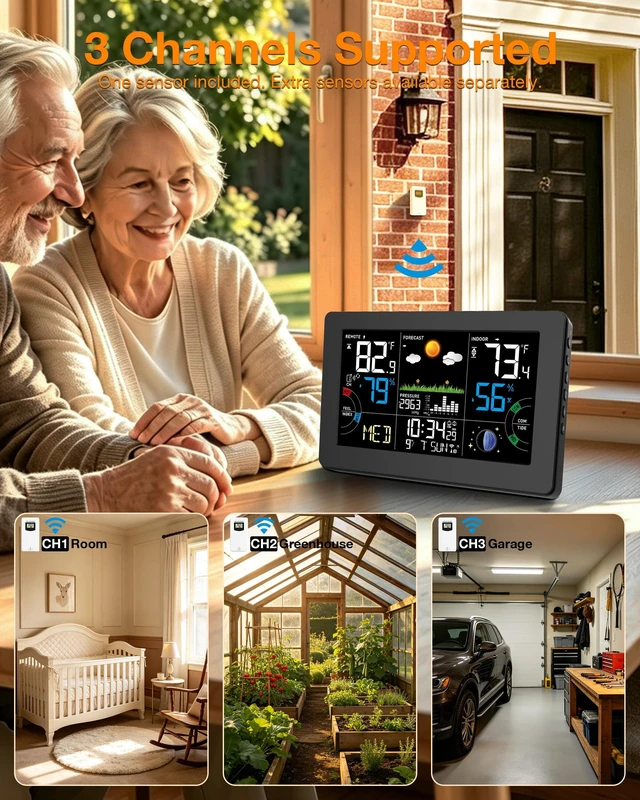 Alt view image 4 of 7 - Weather Station Wireless Temperature Humidity Monitor Indoor Outdoor | 7.5VA Large Display Digital Atomic Clock Thermometer Hygrometer Barometer with Alarm Clock,Custom Temp&Humidity Alarm,Black
