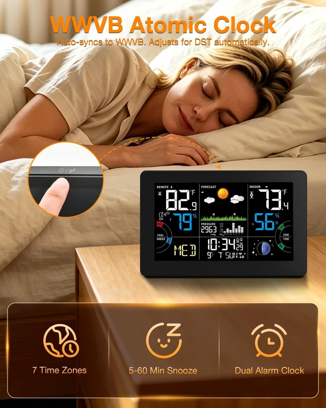 Alt view image 5 of 7 - Weather Station Wireless Temperature Humidity Monitor Indoor Outdoor | 7.5VA Large Display Digital Atomic Clock Thermometer Hygrometer Barometer with Alarm Clock,Custom Temp&Humidity Alarm,Black