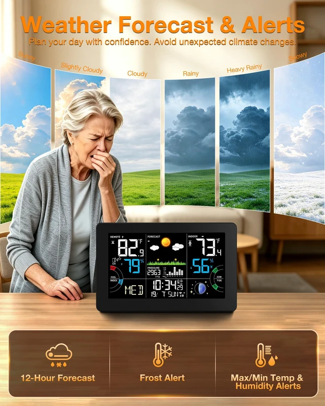 Alt view image 6 of 7 - Weather Station Wireless Temperature Humidity Monitor Indoor Outdoor | 7.5VA Large Display Digital Atomic Clock Thermometer Hygrometer Barometer with Alarm Clock,Custom Temp&Humidity Alarm,Black