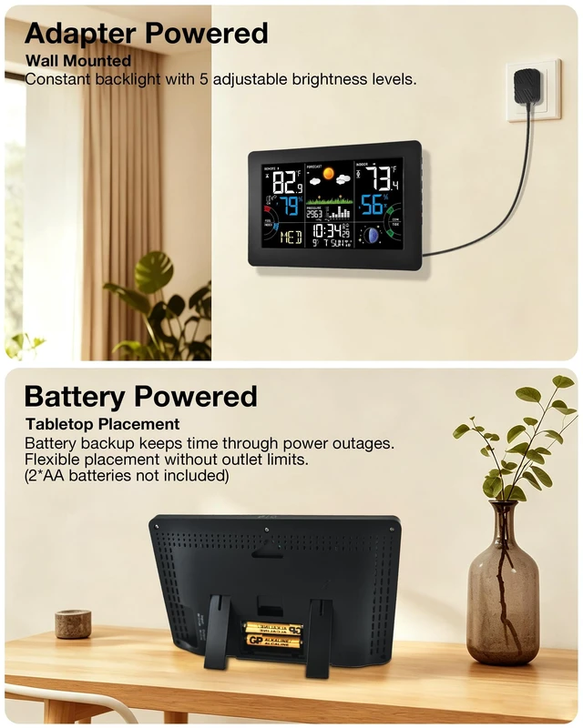 Alt view image 7 of 7 - Weather Station Wireless Temperature Humidity Monitor Indoor Outdoor | 7.5VA Large Display Digital Atomic Clock Thermometer Hygrometer Barometer with Alarm Clock,Custom Temp&Humidity Alarm,Black