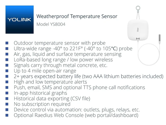 Alt view image 2 of 7 - Weatherproof Fluid, Air, Surface Extreme High/Low Temperature Sensor with Probe, 1/4 Mile Long Range, YoLink Hub Required