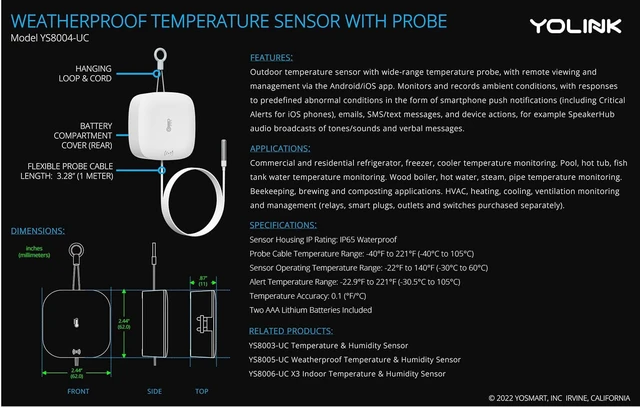 Alt view image 6 of 7 - Weatherproof Fluid, Air, Surface Extreme High/Low Temperature Sensor with Probe, 1/4 Mile Long Range, YoLink Hub Required