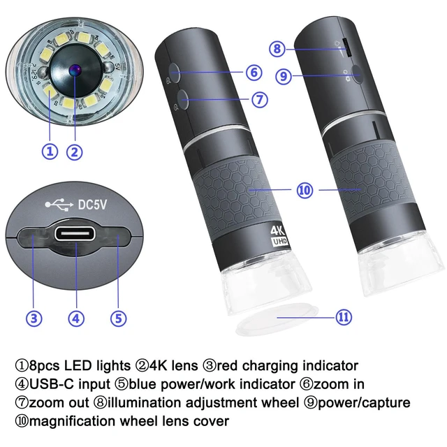 Alt view image 5 of 6 - 4K 50-1000x WiFi USB Digital Handheld Microscope with Metal Stand | 3840x2160P wireless/wired 8 LED endoscope camera for iPhone iPad Android Mac Windows Linux Chrome