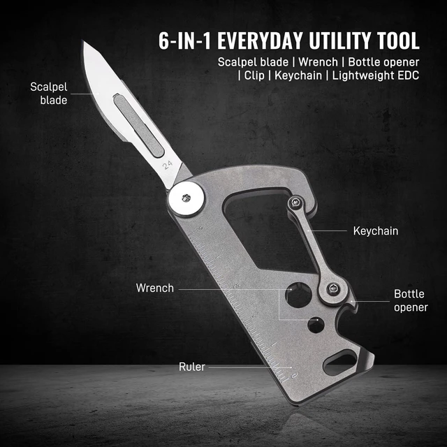 Alt view image 2 of 7 - Titanium Carabiner Keychain Clip with Foldable Utility Small Knife, Multitool Key Holder with Bottle Opener/Flat and Small Hexagonal Screwdrivers, Quick Released Backpack Clasp/Hook for EDC