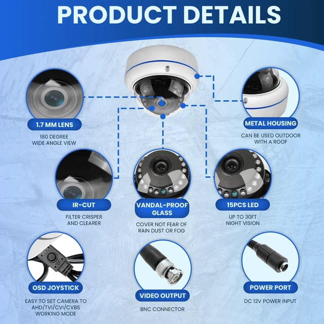 Alt view image 3 of 7 - HD 1080P 2MP 180 Degree Fisheye Dome Security Camera Outdoor Indoor Wired Coax 1.7mm Lens Super Wide Angle 4 in 1 (TVI/AHD/CVI/BNC) Hybrid Analog CCTV Camera with IR Night Vision