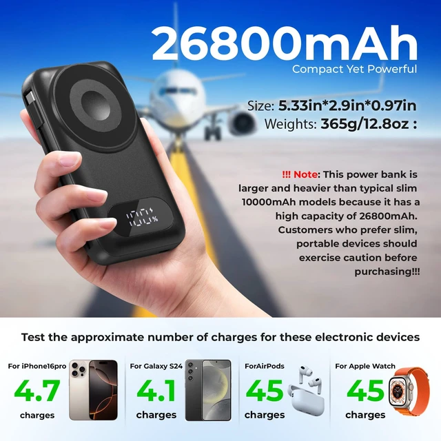 Alt view image 2 of 7 - Magnetic Portable Charger 26800mAh for iPhone 18/17/16/15/14/13/12 with Built-in Cables iWatch ChargerWireless Power Bank for Apple Watch and for airpods,Galaxy, Android Phones(Black)