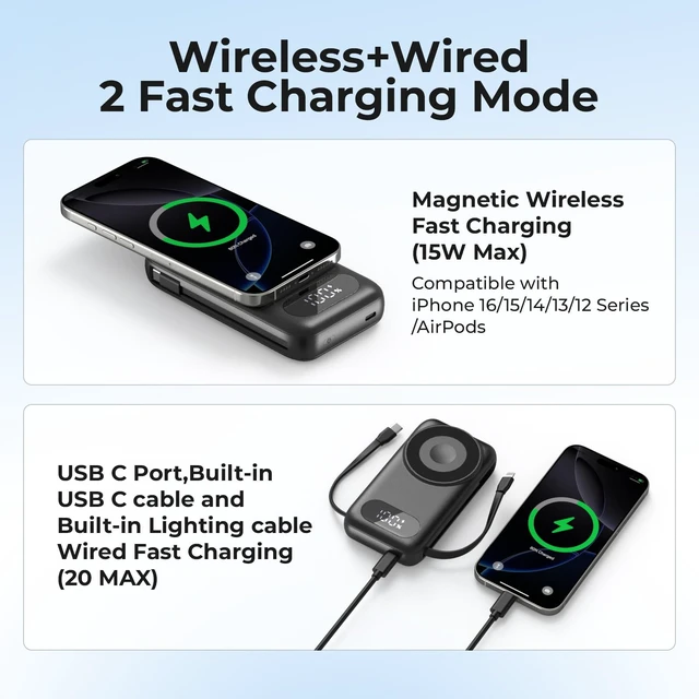 Alt view image 3 of 7 - Magnetic Portable Charger 26800mAh for iPhone 18/17/16/15/14/13/12 with Built-in Cables iWatch ChargerWireless Power Bank for Apple Watch and for airpods,Galaxy, Android Phones(Black)