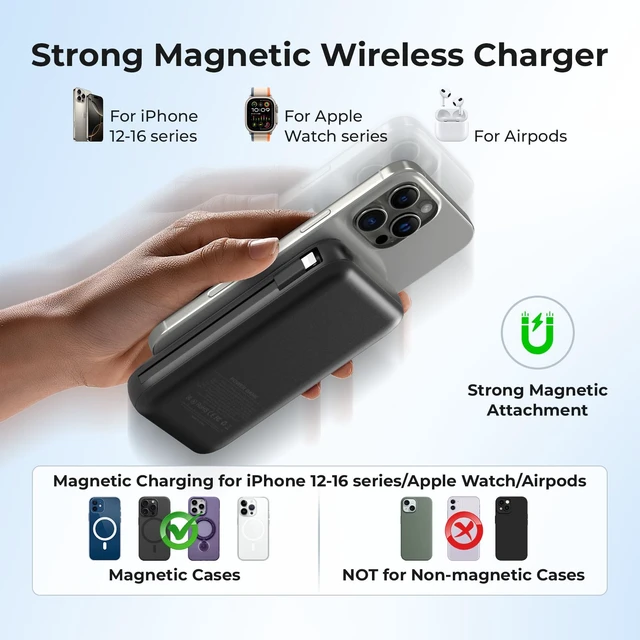 Alt view image 6 of 7 - Magnetic Portable Charger 26800mAh for iPhone 18/17/16/15/14/13/12 with Built-in Cables iWatch ChargerWireless Power Bank for Apple Watch and for airpods,Galaxy, Android Phones(Black)