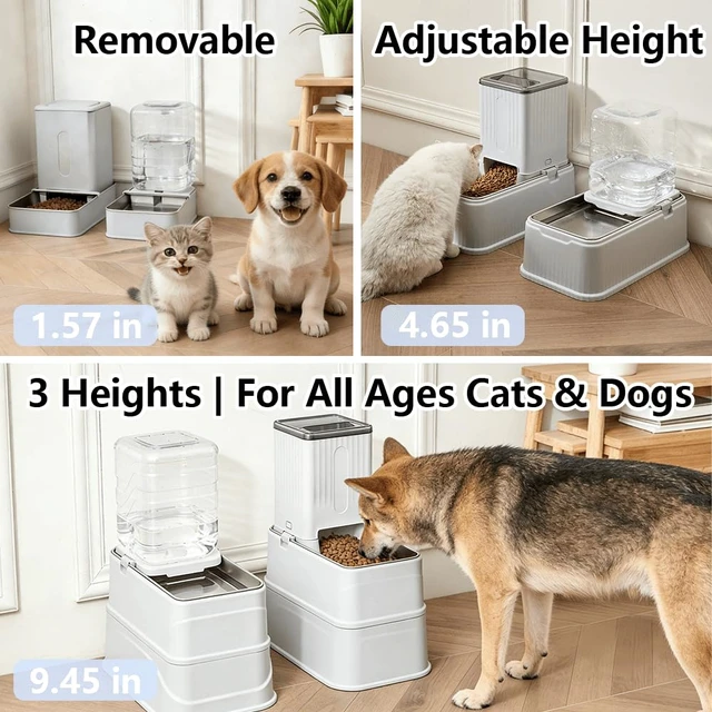 Alt view image 2 of 7 - Elevated Automatic Pet Feeder & Water Dispenser, 128 Fl Oz/1 Gallon Water & 4.4lb Food Capacity, Stainless Steel Bowl, 2-Level Height Adjustable, Neck Protection for Small/Medium Dogs,Anti-Choking