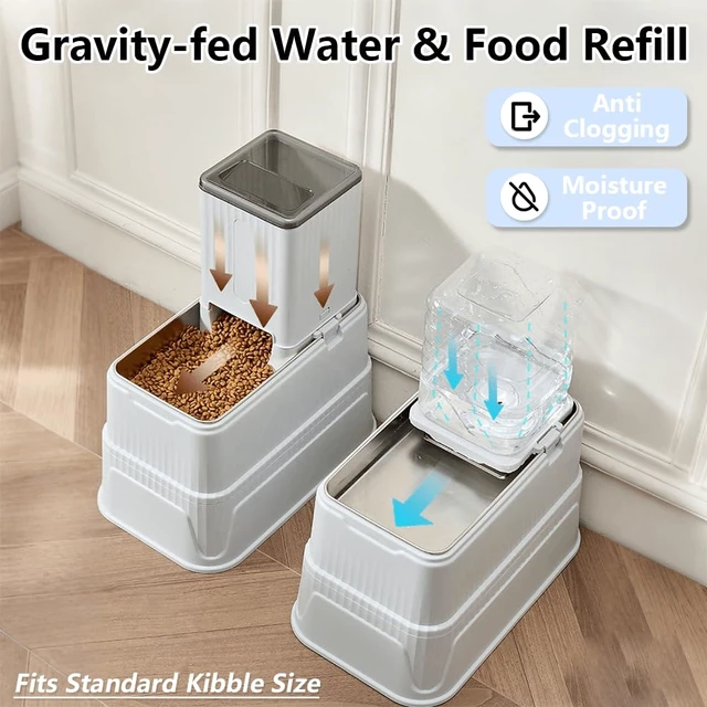 Alt view image 4 of 7 - Elevated Automatic Pet Feeder & Water Dispenser, 128 Fl Oz/1 Gallon Water & 4.4lb Food Capacity, Stainless Steel Bowl, 2-Level Height Adjustable, Neck Protection for Small/Medium Dogs,Anti-Choking