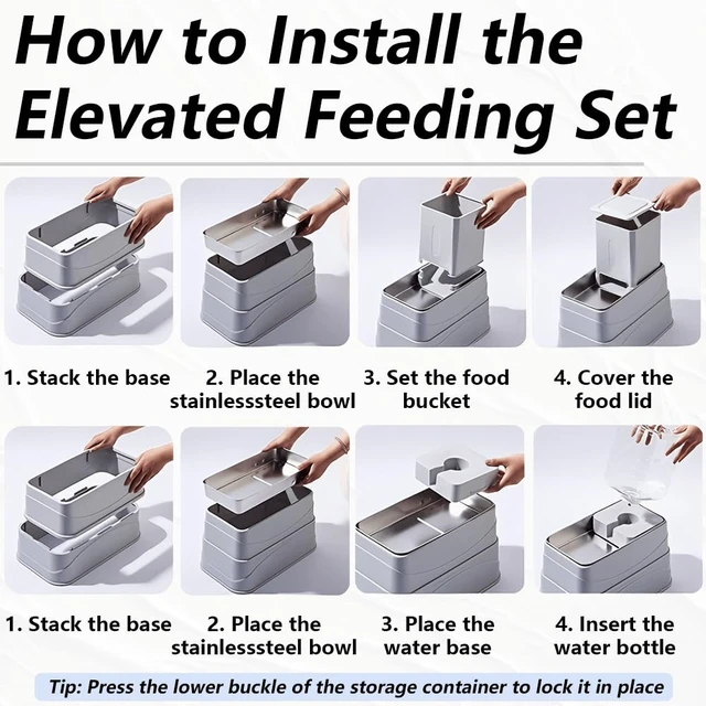 Alt view image 6 of 7 - Elevated Automatic Pet Feeder & Water Dispenser, 128 Fl Oz/1 Gallon Water & 4.4lb Food Capacity, Stainless Steel Bowl, 2-Level Height Adjustable, Neck Protection for Small/Medium Dogs,Anti-Choking