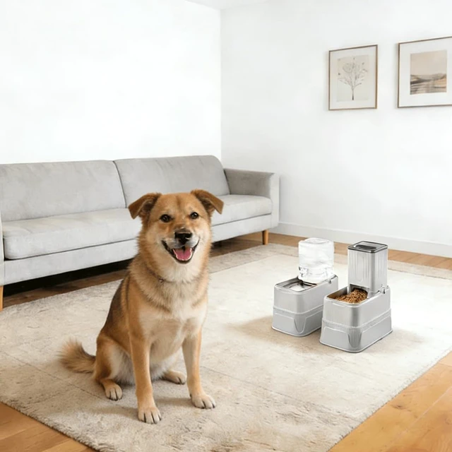 Alt view image 7 of 7 - Elevated Automatic Pet Feeder & Water Dispenser, 128 Fl Oz/1 Gallon Water & 4.4lb Food Capacity, Stainless Steel Bowl, 2-Level Height Adjustable, Neck Protection for Small/Medium Dogs,Anti-Choking