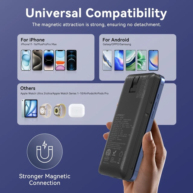 Alt view image 7 of 7 - Wireless Power Bank for Phones & Apple Watch,10000mAh Fast Charging Slim Portable Charger Built-in Cables and AC Wall Plug, External Travel Battery Pack Compatible with iPhone/Samsung