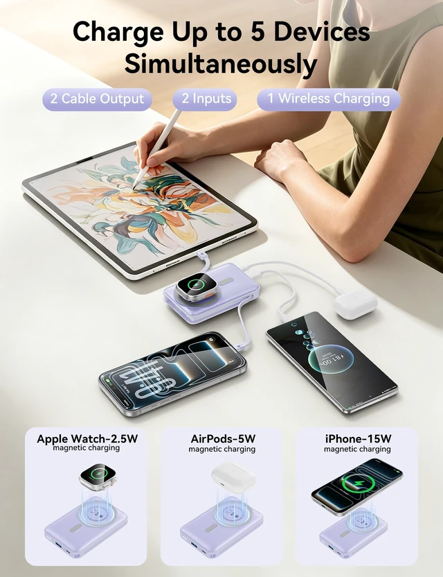 Alt view image 2 of 7 - Magnetic Portable Charger 10000mAh USB-C 20W Magnetic Power Bank for iphone | Built-In USB C Cable,Foldable Stand,LED Display up to 20W Fast Charging,Travel & Daily Use for iPhone All Series