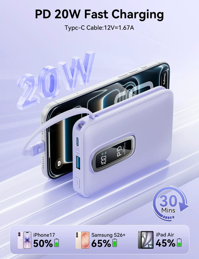 Alt view image 4 of 7 - Magnetic Portable Charger 10000mAh USB-C 20W Magnetic Power Bank for iphone | Built-In USB C Cable,Foldable Stand,LED Display up to 20W Fast Charging,Travel & Daily Use for iPhone All Series