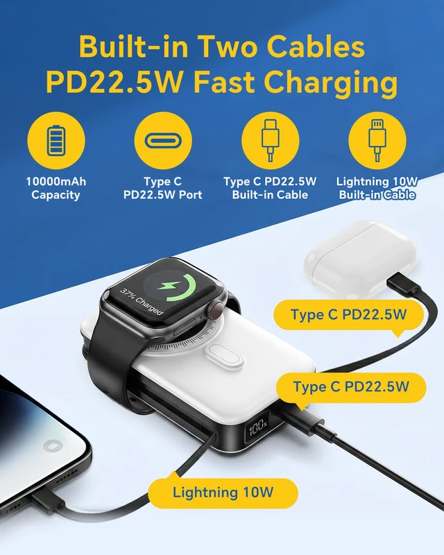 Alt view image 2 of 7 - for Magsafe Battery Pack, Real Capacity 10000mAh with AC Wall Plug Charger | 22.5W Fast Charging Portable Charger with Built-in Cables & Foldable Stand, Portable Power Bank for iPhone 12-18 iWatch