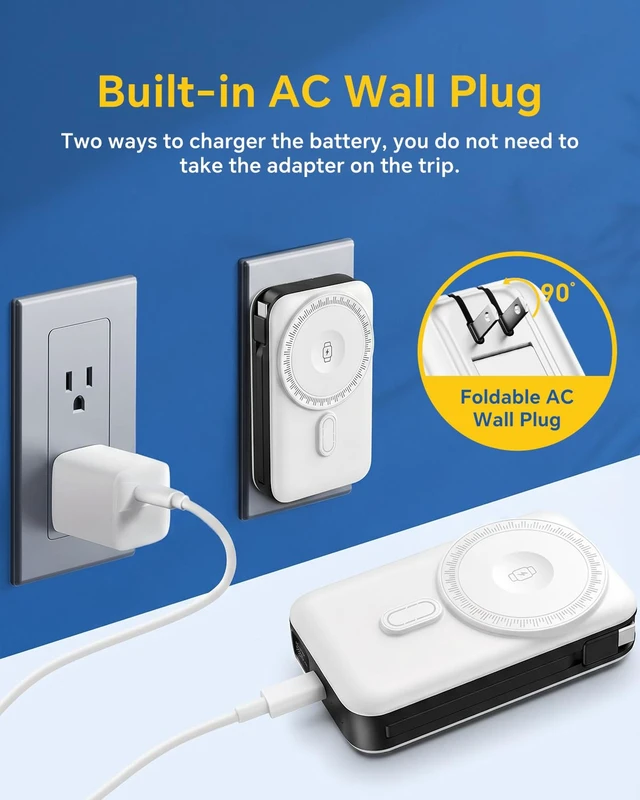 Alt view image 3 of 7 - for Magsafe Battery Pack, Real Capacity 10000mAh with AC Wall Plug Charger | 22.5W Fast Charging Portable Charger with Built-in Cables & Foldable Stand, Portable Power Bank for iPhone 12-18 iWatch