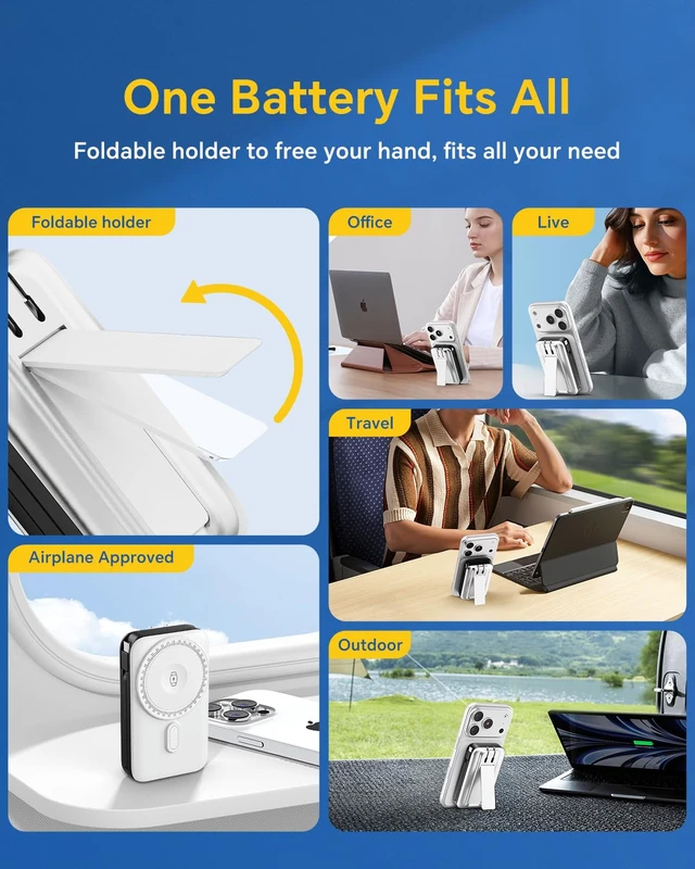 Alt view image 7 of 7 - for Magsafe Battery Pack, Real Capacity 10000mAh with AC Wall Plug Charger | 22.5W Fast Charging Portable Charger with Built-in Cables & Foldable Stand, Portable Power Bank for iPhone 12-18 iWatch