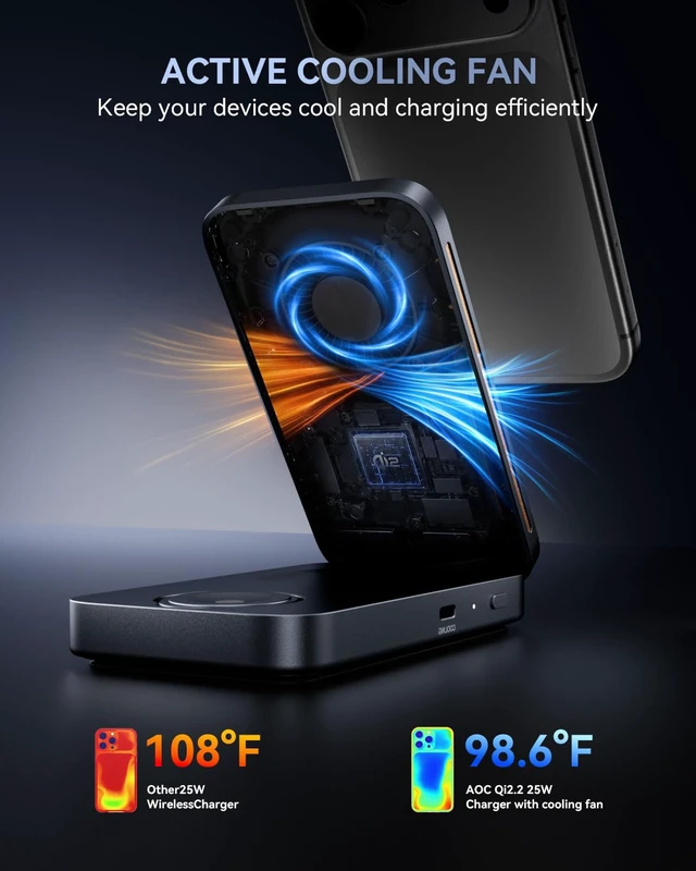 Alt view image 5 of 7 - GW300 25W Qi2.2-Certified 3-in-1 Foldable Wireless Charging Station | Magnetic Charger with Vacuum Suction & Active Cooling for iPhone 17, Apple Watch, AirPods (45W PD, Non-Battery)