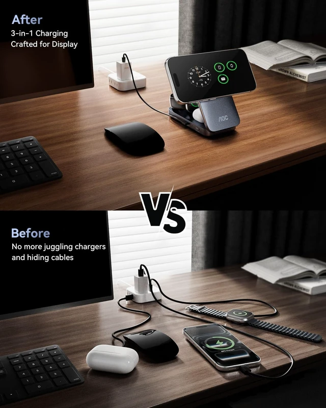Alt view image 6 of 7 - GW300 25W Qi2.2-Certified 3-in-1 Foldable Wireless Charging Station | Magnetic Charger with Vacuum Suction & Active Cooling for iPhone 17, Apple Watch, AirPods (45W PD, Non-Battery)