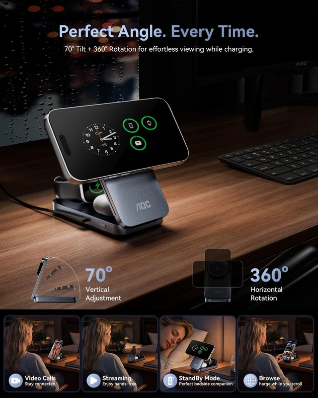 Alt view image 7 of 7 - GW300 25W Qi2.2-Certified 3-in-1 Foldable Wireless Charging Station | Magnetic Charger with Vacuum Suction & Active Cooling for iPhone 17, Apple Watch, AirPods (45W PD, Non-Battery)