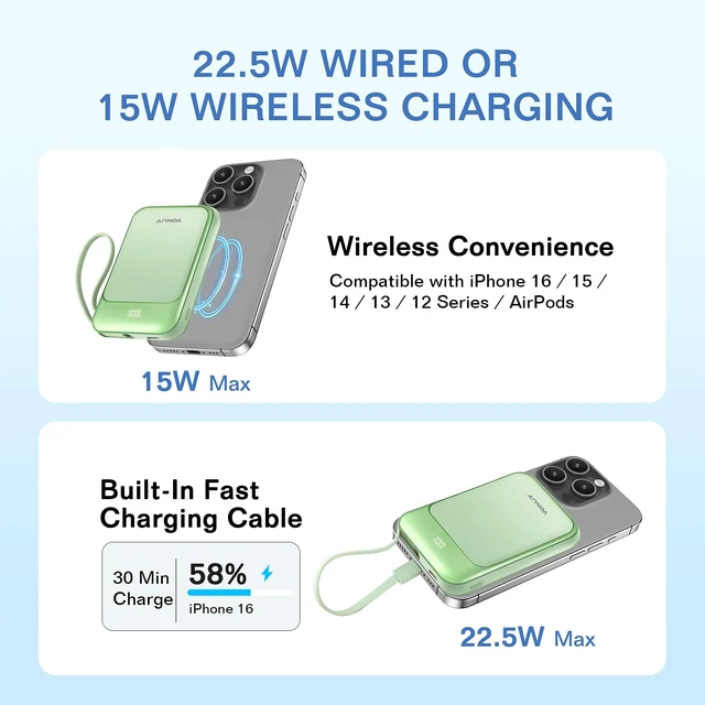 Alt view image 2 of 6 - Magnetic Power Bank 10000mAh, Wireless Portable Charger with 15W Max Fast Charging & Built-in USB-C Cable, 22.5W PD LED Display Battery Pack Compatible with iPhone 17/16/15, Samsung Galaxy(green)