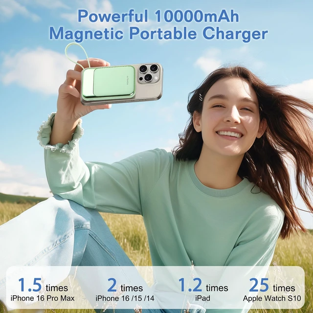 Alt view image 3 of 6 - Magnetic Power Bank 10000mAh, Wireless Portable Charger with 15W Max Fast Charging & Built-in USB-C Cable, 22.5W PD LED Display Battery Pack Compatible with iPhone 17/16/15, Samsung Galaxy(green)