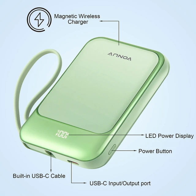 Alt view image 5 of 6 - Magnetic Power Bank 10000mAh, Wireless Portable Charger with 15W Max Fast Charging & Built-in USB-C Cable, 22.5W PD LED Display Battery Pack Compatible with iPhone 17/16/15, Samsung Galaxy(green)