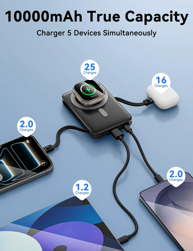 Alt view image 2 of 7 - for Magsafe Portable Charger 10000mAh 20W Fast Charging Magnetic Power Bank | Built-in Cables,with LED Display/Keychain/Stand,Pocket Size,3 in 1 Wireless Charger for iPhone 17-12 for iWatch for