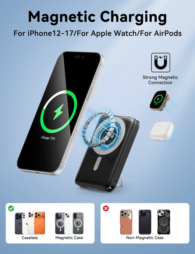 Alt view image 3 of 7 - for Magsafe Portable Charger 10000mAh 20W Fast Charging Magnetic Power Bank | Built-in Cables,with LED Display/Keychain/Stand,Pocket Size,3 in 1 Wireless Charger for iPhone 17-12 for iWatch for