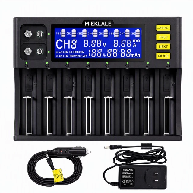 Main image of 18650 Battery Charger,8+2 Bays Battery Charger with LCD Display | Smart Universal Battery Charger for Rechargeable Batteries Li-ion LiFePO4 RCR123 16340 26650 10440 14500 & 9V (8+2Slots)