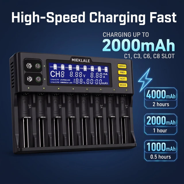 Alt view image 4 of 7 - 18650 Battery Charger,8+2 Bays Battery Charger with LCD Display | Smart Universal Battery Charger for Rechargeable Batteries Li-ion LiFePO4 RCR123 16340 26650 10440 14500 & 9V (8+2Slots)