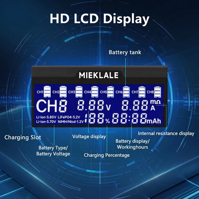 Alt view image 3 of 7 - 18650 Battery Charger,8+2 Bays Battery Charger with LCD Display | Smart Universal Battery Charger for Rechargeable Batteries Li-ion LiFePO4 RCR123 16340 26650 10440 14500 & 9V (8+2Slots)