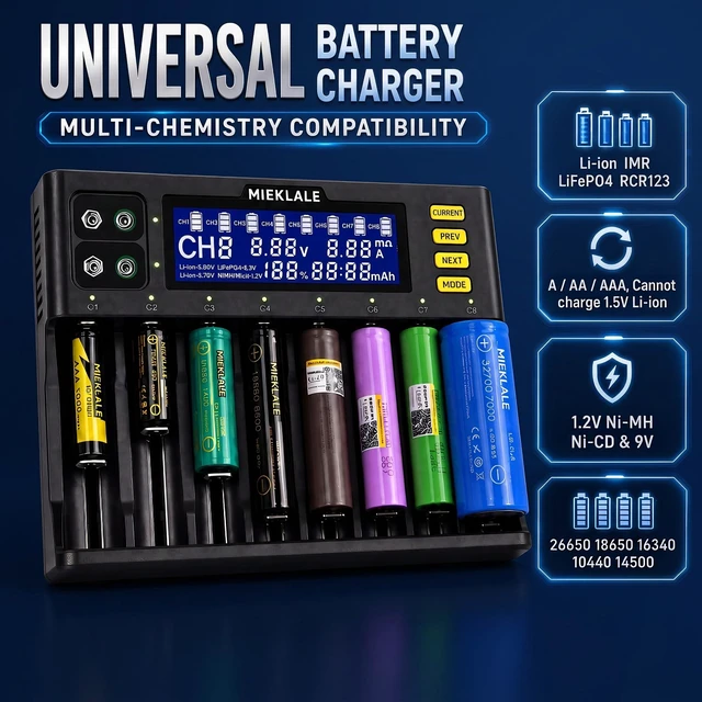 Alt view image 2 of 7 - 18650 Battery Charger,8+2 Bays Battery Charger with LCD Display | Smart Universal Battery Charger for Rechargeable Batteries Li-ion LiFePO4 RCR123 16340 26650 10440 14500 & 9V (8+2Slots)
