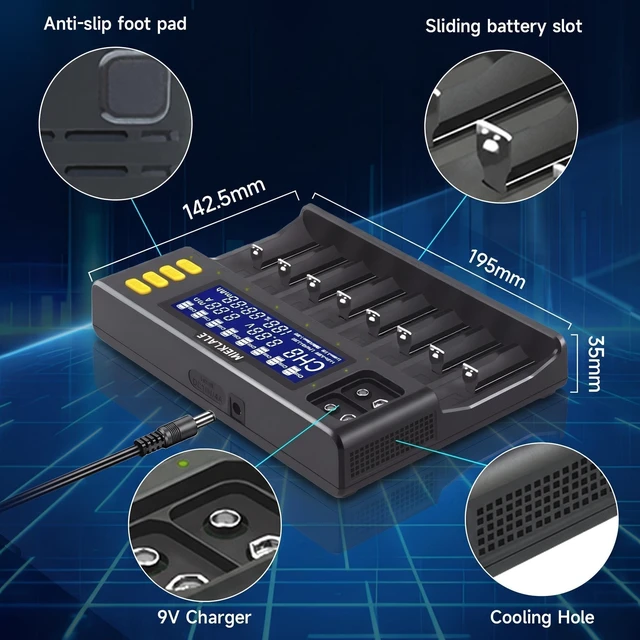 Alt view image 7 of 7 - 18650 Battery Charger,8+2 Bays Battery Charger with LCD Display | Smart Universal Battery Charger for Rechargeable Batteries Li-ion LiFePO4 RCR123 16340 26650 10440 14500 & 9V (8+2Slots)