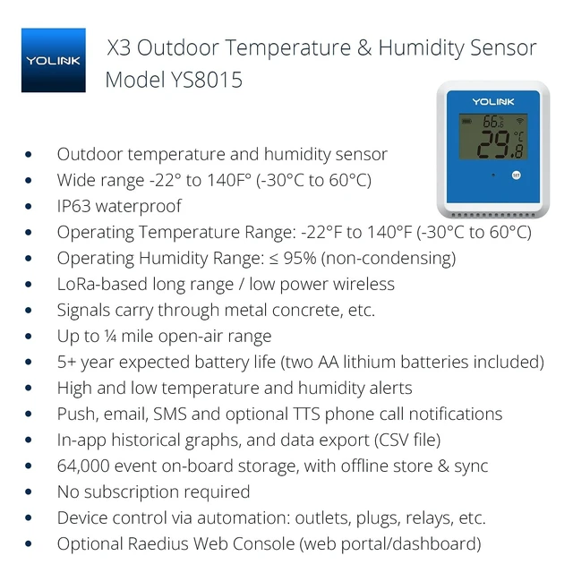 Alt view image 2 of 7 - X3 Outdoor Thermometer Hygrometer Data Logger, YS8015 | Temperature History, App/Email Alerts, Up to 5-Year Battery Life, LoRa YoLink Protocol Up to 2034 Feet, Hub Required
