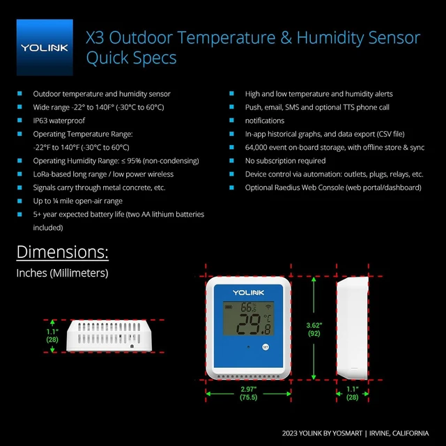 Alt view image 3 of 7 - X3 Outdoor Thermometer Hygrometer Data Logger, YS8015 | Temperature History, App/Email Alerts, Up to 5-Year Battery Life, LoRa YoLink Protocol Up to 2034 Feet, Hub Required