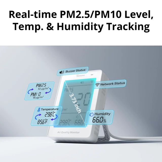 Alt view image 4 of 7 - SAWF-07P Smart Indoor Air Quality Monitor with PM2.5, PM10, Temperature & Humidity Sensor, Real-Time Display, Notification, Matter-Compatible, 2.4GHz WiFi, 3.73-inch Screen, for Bedroom, Nusery